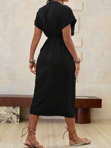 Roveilla 大码女式纯色重叠V领蝙蝠袖休闲夏季连衣裙长款女装