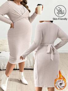 SHEIN Fall Clothes,Autumn Clothes,Maternity Autumn/Winter Clothes Maternity Plus Size Solid Color Round Neck Long Sleeve Cross Design Ribbed Fitted Midi Dress Maternity Dress Long Sleeve Maternity Dress Beige Maternity Dress Knitted Maternity Dress Maternity Knitted Dress Ribbed Maternity Dress Ribbed Knit Dress Pregnancy Clothes Maternity Two Piece Sets Pregnancy Dress With Belt