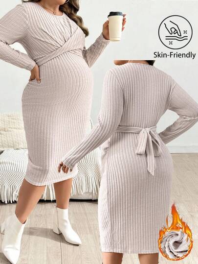 SHEIN Fall Clothes,Autumn Clothes,Maternity Autumn/Winter Clothes Maternity Plus Size Solid Color Round Neck Long Sleeve Cross Design Ribbed Fitted Midi Dress Maternity Dress Long Sleeve Maternity Dress Beige Maternity Dress Knitted Maternity Dress Maternity Knitted Dress Ribbed Maternity Dress Ribbed Knit Dress Pregnancy Clothes Maternity Two Piece Sets Pregnancy Dress With Belt