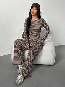 SHEIN PETITE Autumn & Winter Women's Knitted Striped Slim Top + Wide Leg Pants Casual & Comfortable 2-Piece Set, Dark Gray - Multicolor - View 7