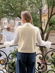 SHEIN Frenchy 女士休闲柠檬印花圆领针织衫，秋季，柠檬图案，秋冬季，柠檬图案提花针织无袖背心，女士冬季毛衣，女士毛衣背心，无袖开衫，米色针织上衣 - 彩色 - 查看 2