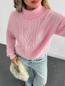 EURMUSE Damen Oversize Strukturpullover mit Zopfmuster und Korb-Stich Details vorne