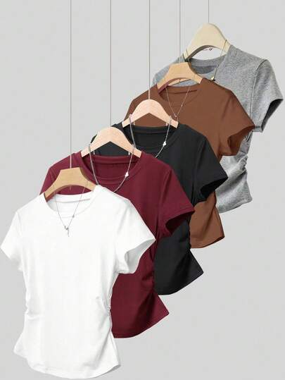 INAWLY 5pcs/Set Plus Size Women's Casual Ruched Waist Short Sleeve T-Shirts, Slimming Design, White, Burgundy, Black, Coffee, Light Gray, Suitable For Daily Wear And Outdoor