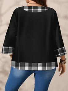 EMERY ROSE Plus Size Women Casual All-Over Print Round Neck Loose 3/4 Sleeve Shirt, Autumn/Winter - Multicolor - View 4