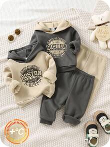SHEIN 4pcs Baby Boy Cute Casual Sports Versatile Color Block Letter Graphic Hoodie & Joggers Tracksuit Set, Unisex Baby Winter Clothes Baby Boy Sweatsuit Baby Set Autumn Winter Season Baby Boy Winter Sets Baby Boy Fall Newborn Zipper Suit Baby Boy Hoodie Set  Fashion