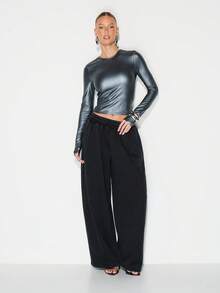 KIZN Metallic Long Sleeve Fitted Top With Crew Neck For Fall Winter Evening Wear - Grey - View 3