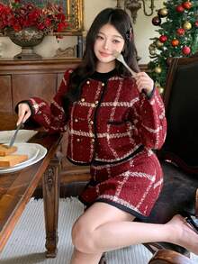 DAZY 女士优雅图案外套和裙子两件套，适合秋季、新年、圣诞节穿着 - 酒紅色 - 查看 6