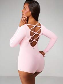 Missguided x Playboy 女士系带露背长袖连体紧身衣，弹力修身款 - 粉色 - 查看 1