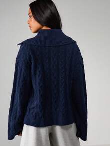 MISSGUIDED Relaxed Fit Cable Knit Button Front Cardigan With Hood For Cozy Autumn Winter Layering - Navy Blue - View 2