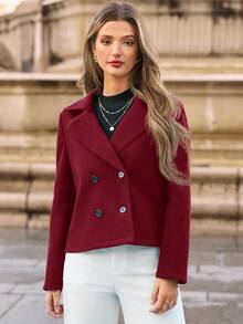 SHEIN Frenchy Women's Stand Collar Double Breasted Blazer Jacket In Fall/Winter Christmas Red New Year Burgundy - Burgundy - View 4