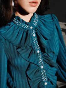 Anewsta Savoree Women's Elegant Beaded & Rhinestone Embellished Long Sleeve Blouse With Ruffled Hem, Emerald Green - Blue - View 1