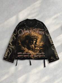 ROMWE MEN Street Life 复古街头风格做旧圣耶稣图案长袖圆领男士T恤，适合秋季穿着 - 黑色 - 查看 5