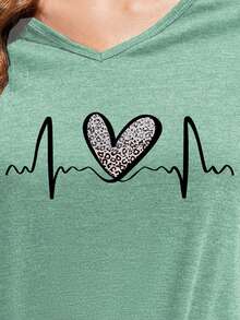 EMERY ROSE Women's Heart & Leopard Print V-Neck Short Sleeve T-Shirt - Mint Green - View 6