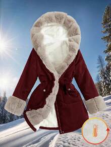 SHEIN 1 件女童蓬松连帽长袖中长外套，舒适简约设计，适合冬季