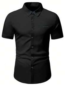 Manfinity Mode Men's Summer Solid Color Short Sleeve Casual Shirt, Fall - Black - View 3