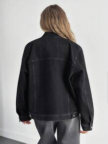 EURMUSE Áo khoác denim hở vai đơn giản hàng ngày - màu đen - Xem 5