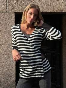 SHEIN PariChic Cardigan Rajut Lengan Panjang Leher V Motif Blok Warna untuk Wanita, Musim Gugur/Dingin - Hitam - View 6