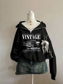 Attitoon Women's Retro Car Pattern Loose Fit Half-Zip High Neck Lightweight Pullover Sweatshirt In Fall/Winter - Black - View 1