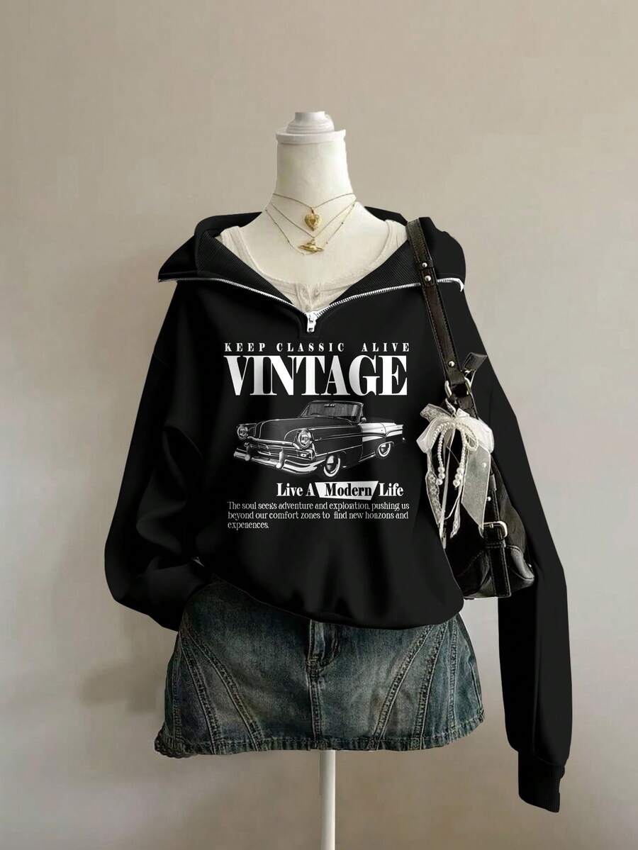 Attitoon Women's Retro Car Pattern Loose Fit Half-Zip High Neck Lightweight Pullover Sweatshirt In Fall/Winter - Black - View 1