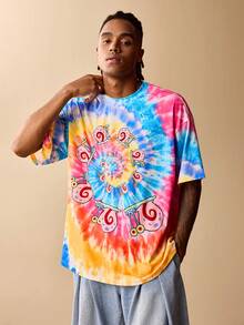 SpongeBob SquarePants | SHEIN 男士休闲螺旋扎染卡通蜗牛印花落肩T恤，夏季 - 彩色 - 查看 3