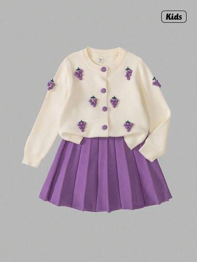 Sweetra 2 件 Tween Girl 紫色休闲优雅针织毛衣套装，开衫搭配百褶裙，舒适温暖，适合日常、派对、秋冬季