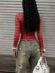 Rovax Women's Red Plaid Knit T-Shirt, Long Sleeve Top With Faith-Themed Print - Red - View 2