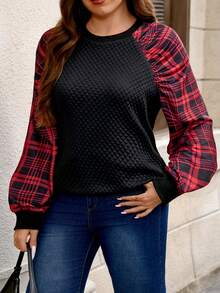 EMERY ROSE Sudadera casual de manga larga con cuello redondo, de talla grande, con parches de cuadros - Multicolor - Ver 4