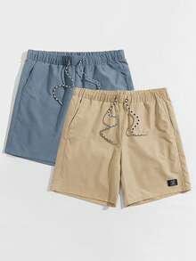 Manfinity VCAY 2pcs/Pack Men's Loose Fit Patched Drawstring Waist Shorts - Multicolor - View 6