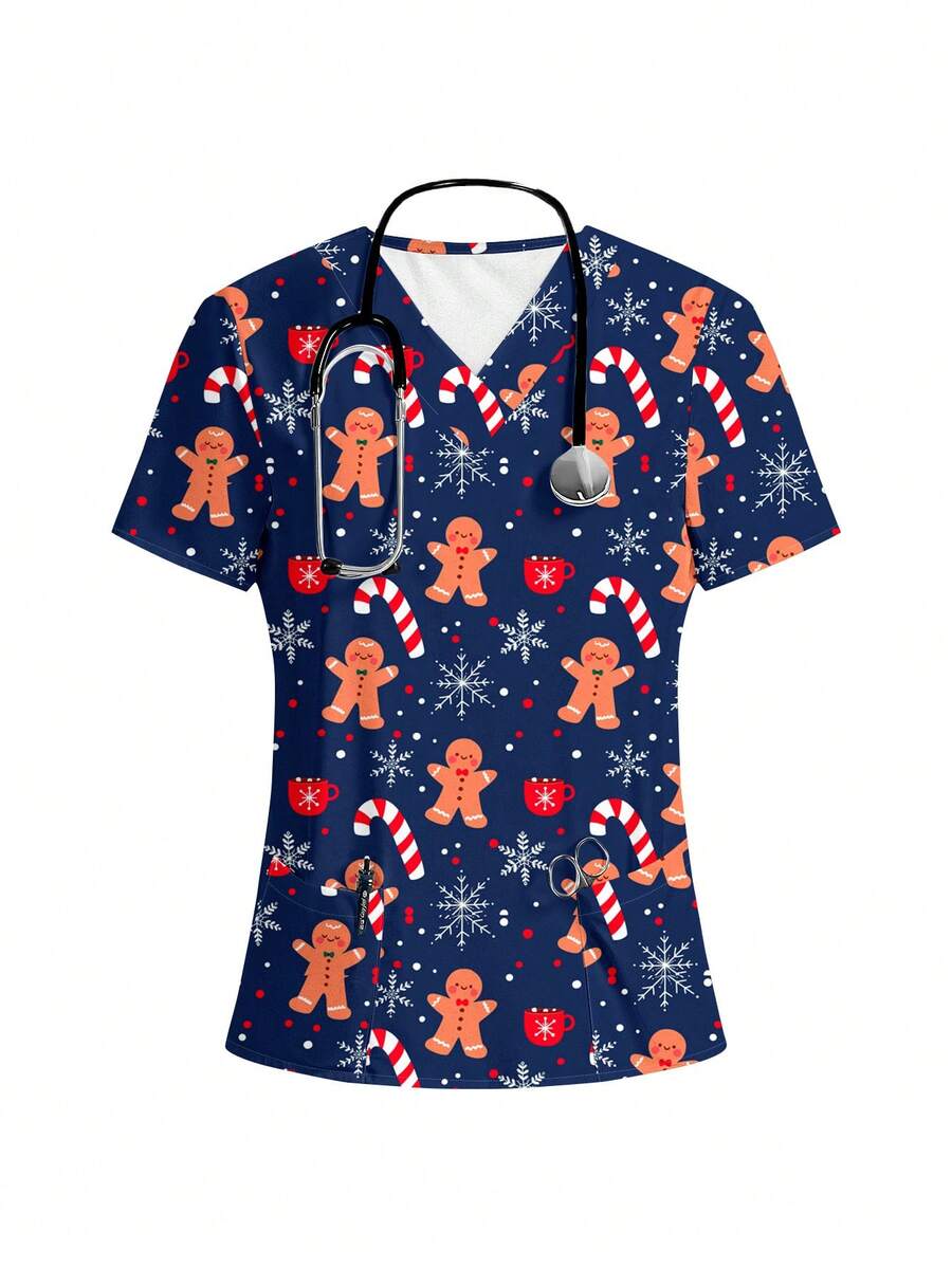 PopScrub Bluzka damska z nadrukiem w serek i matowym wykończeniem, z 2 kieszeniami – wygodny mundur roboczy