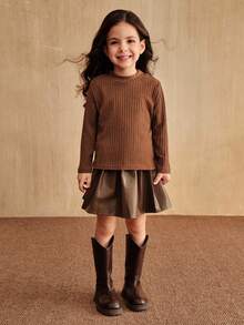 SHEIN Elladie kids 少女棕色针织长袖毛绒蝴蝶结串珠背心外套百褶裙3件套时尚可爱适合春秋冬装 - 鏽棕色 - 查看 6