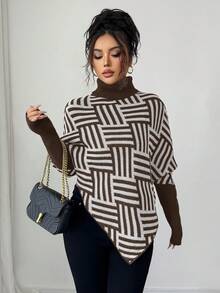 Elenzga Women's Elegant High Neck Geometric Textured Poncho Sweater, Colorblock, Suitable For Home & Travel, Spring/Autumn - Coffee Brown - View 3