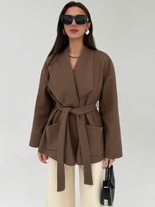 Aloruh 女士纯色极简长袖大衣，日常穿着的秋季服装，修身款式，是一款百搭的秋冬外套，非常适合约会和浪漫场合。 - 咖啡棕 - 查看 4