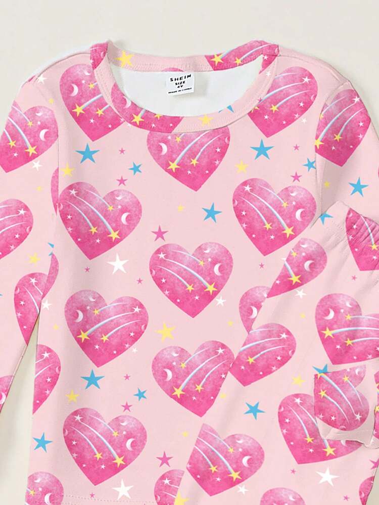 2pcs/Set Young Girls Crew Neck Long Sleeve Top And Pants Knit Pink Heart Print Pajamas,Soft High Stretch Snug Fit Autumn Fairy Holiday Night Pj Set - Multicolor - View 7