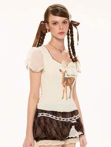 ROMWE Kawaii 可爱小鹿印花蝴蝶结装饰安妮女王领口女式T恤 - 杏色 - 查看 4