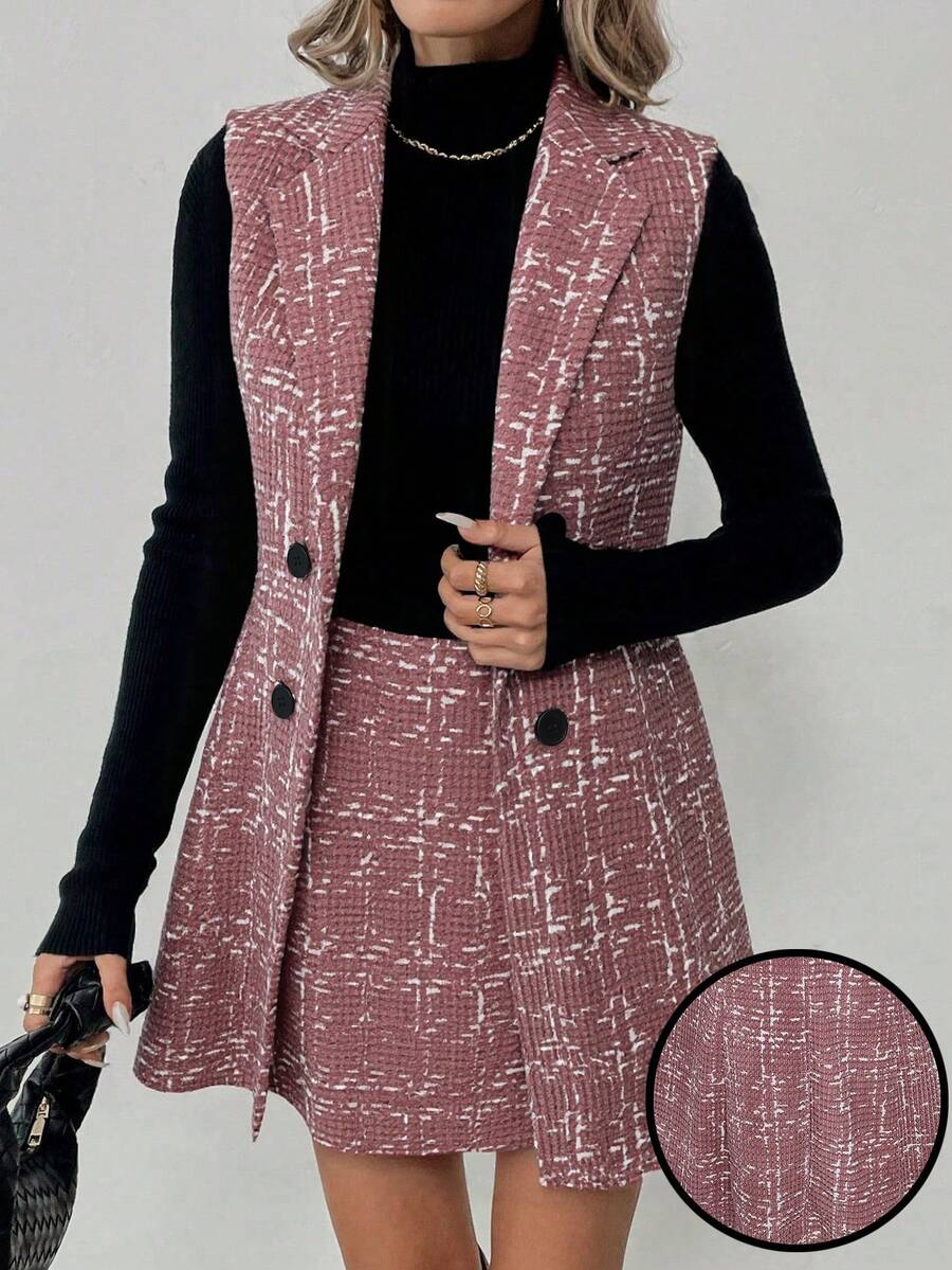 Elyressa 女士秋季通勤休闲翻领双排扣马甲半裙套装 - 粉色 - 查看 1