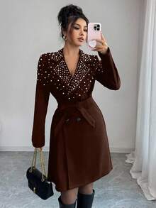 Elenzga Manteau pour femmes avec décoration de perles, croisé, design cintré à la taille, élégant pour le quotidien, les trajets, le style casual, la mode, le style de rue français, le vintage, les fêtes, les affaires, noir, manches longues, automne/hiver - Tabac - Voir 4