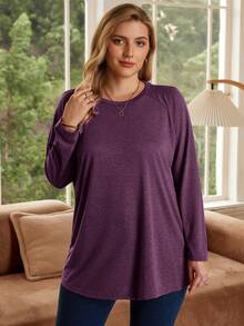 Rosumi 加大码圆领长袖休闲宽松柔软迷人冬季T恤秋装 - 紫色 - 查看 7