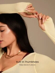 GLOWMODE 天丝羊毛弹性羽绒柔软温暖舒适双面系腰臀长袖 V 领裹身上衣秋冬瑜伽普拉提工作室日常休闲装 - French Vanilla - 查看 6