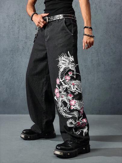 Street Life Jeans évasés larges et amples à imprimé dragon et sakura de mode de rue décontractée pour hommes, ceinture non incluse