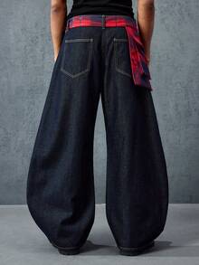 ROMWE MEN Street Life Men's Fashionable Street-Style Plaid Loose Fit Slant Pocket Distressed Jeans - Blue - View 2