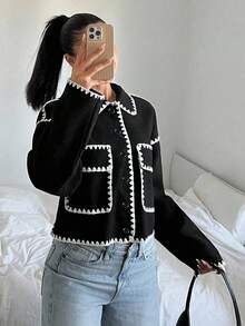 Sparklyn Teen Girl Casual All-Match Versatile Black & White Contrast Trim Collar Big Pocket Wool Blend Jacket, Autumn/Winter Fall