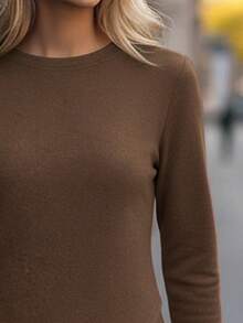 EMERY ROSE Women Casual Round Neck Long Sleeve Asymmetrical Hem T-Shirt, Autumn Fall Cloth For Women - Coffee Brown - View 3