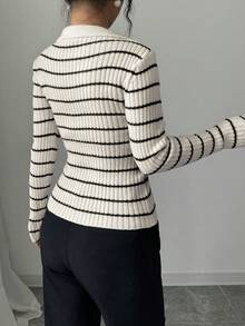 Elenzga Women's Striped Turtleneck Long Sleeve Fitted Sweater, Autumn/Winter - Beige - View 2