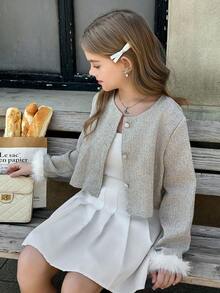 Girls Short Fluffy Elegant White Faux Fur Jacket, Autumn/Winter