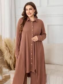 Lacomfia 2 Stücke/Set minimalistisches einfarbiges geripptes Maxi-Hemd mit Langarm und Hose mit elastischem Bund und weitem Bein, Große Größen, Frühling/Herbst