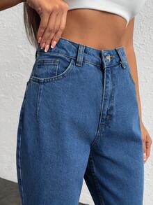 EURMUSE 100%Cotton Snow Washed Cropped Mom Fit Jeans - Medium Wash - View 3