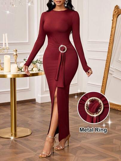 SHEIN Lady 女士纯色圆领长袖腰环连接开衩下摆修身优雅连衣裙