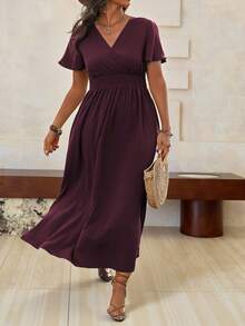 Roveilla Vestido maxi de verano informal para mujer de talla grande con cuello en V, cintura ceñida, abertura alta y mangas tipo murciélago - Rojo violeta - Ver 5