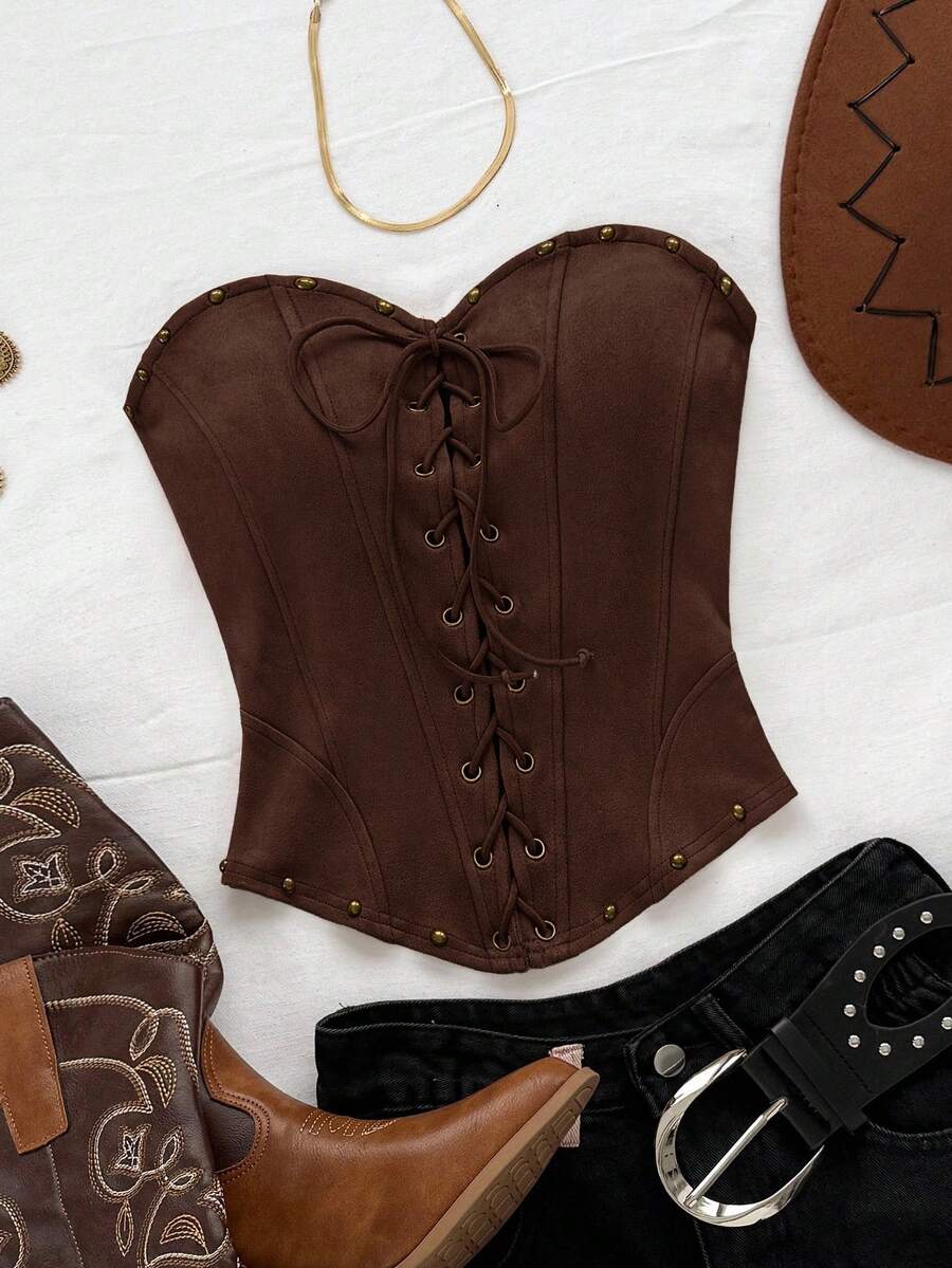 Soleia Sexy Suede Lace Up Rivet Deconstruction Women's Tube Top, Suitable For Holiday, Date, Afternoon Tea, Vacation, Music Festival, Bohemian, Cruise, Beach, Summer, Brown Top - Coffee Brown - View 1