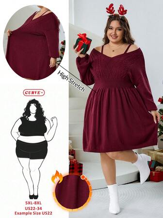 SHEIN CURVE+ 大码女式酒红色细肩带露肩灯笼袖收腰休闲针织毛衣裙，秋冬、感恩节和圣诞节
